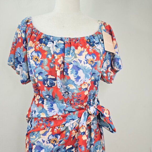 NWT Kittenish Orange Blue Off Shoulder Knot Puff Sleeve Dress - Picture 2 of 9